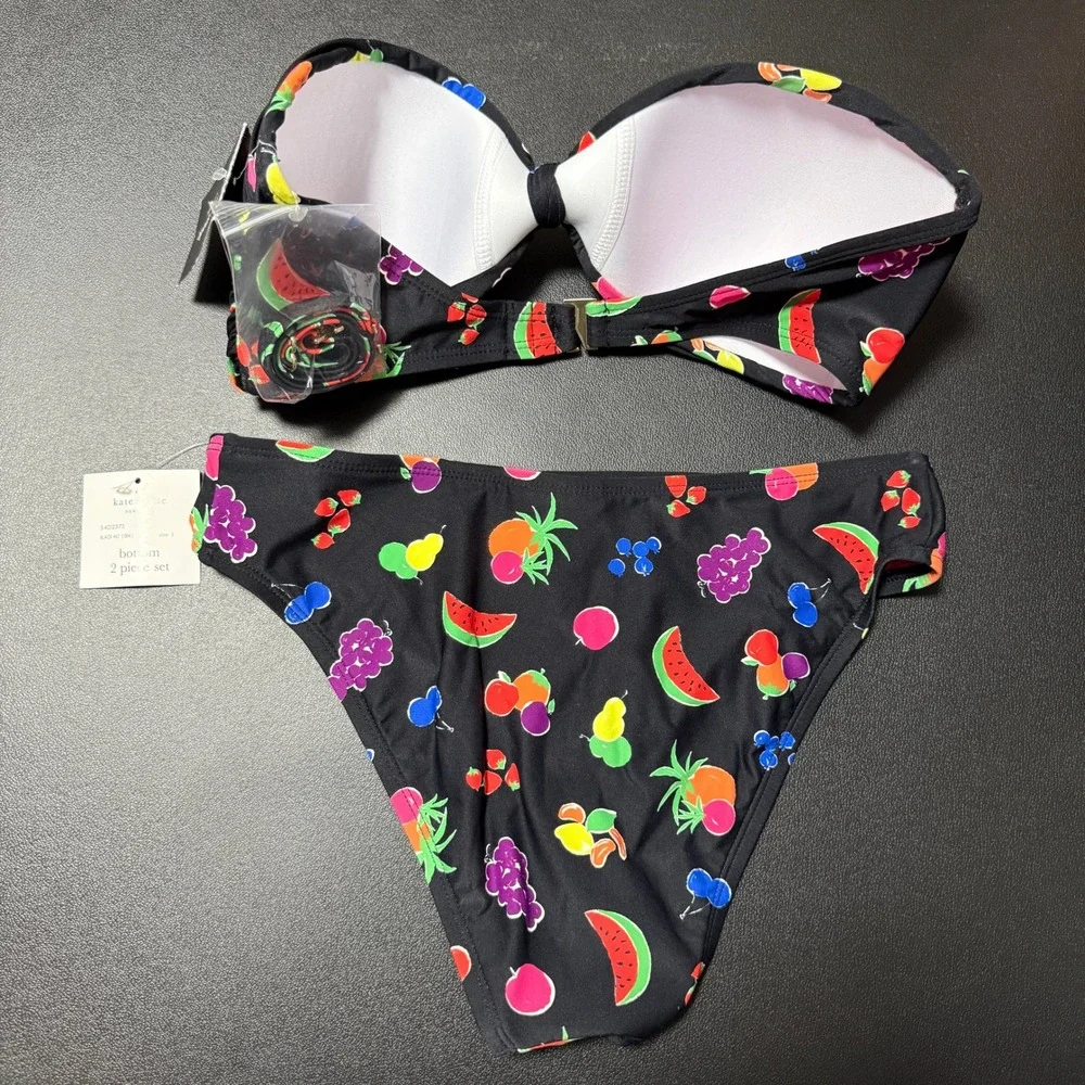 Kate Spade Bikini Set Womens S Black Fruit Print Bandeau Retro Resort Beachwear